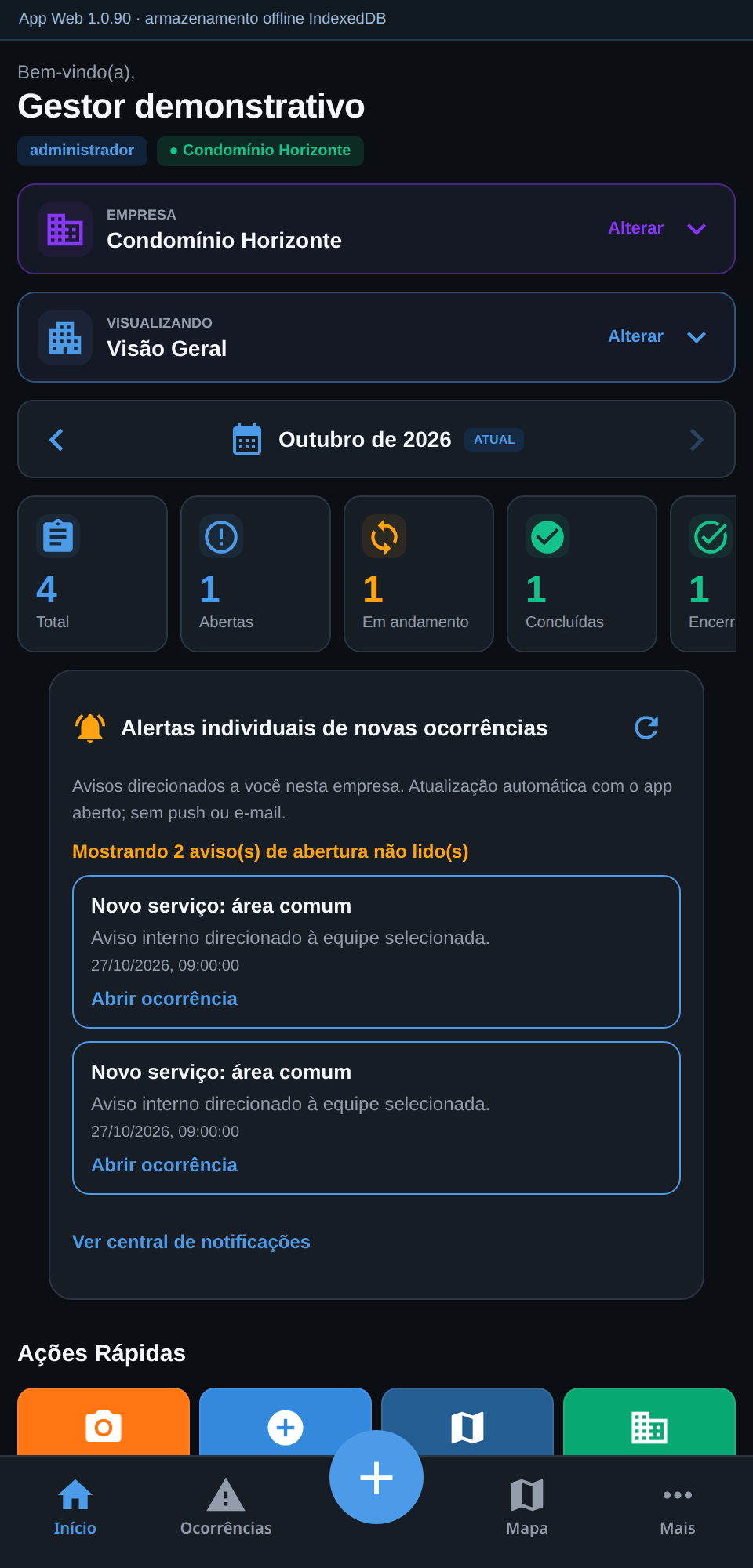 Tela real do app com visão geral, métricas mensais e alertas internos; dados fictícios